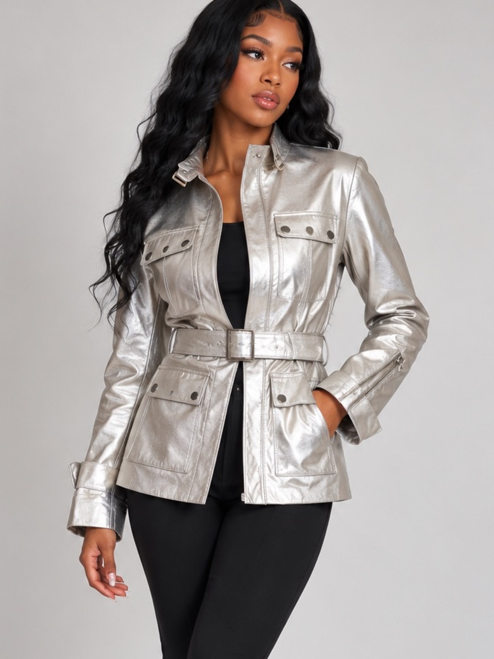 Metallic Silver Belted Utility Jacket